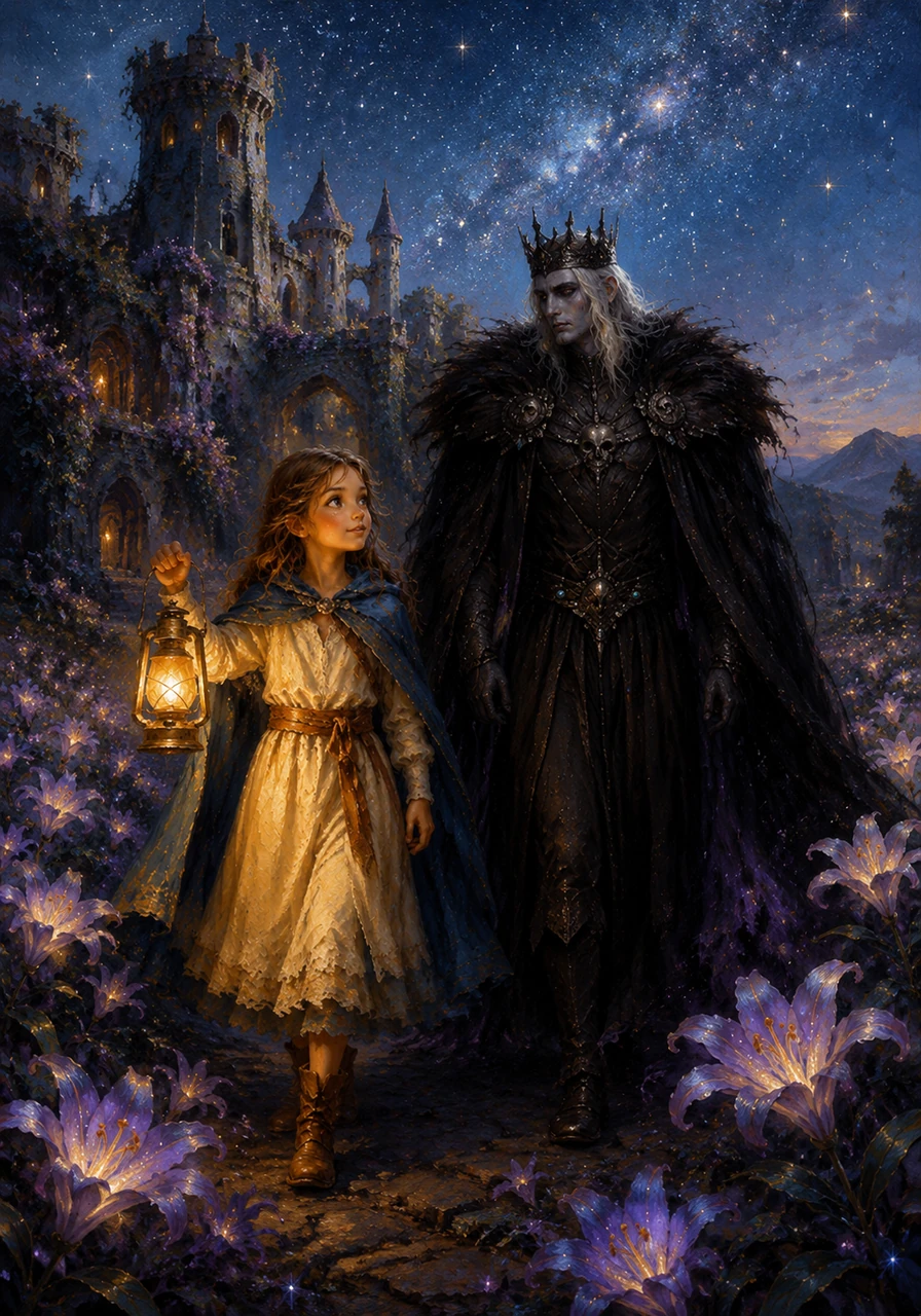 The fortress did not crumble into dust, but instead transformed into a garden of twilight lilies that only opened under the silver light of the stars. The King and Elara walked back to the valley together, bringing a new era where night and day lived in perfect harmony.