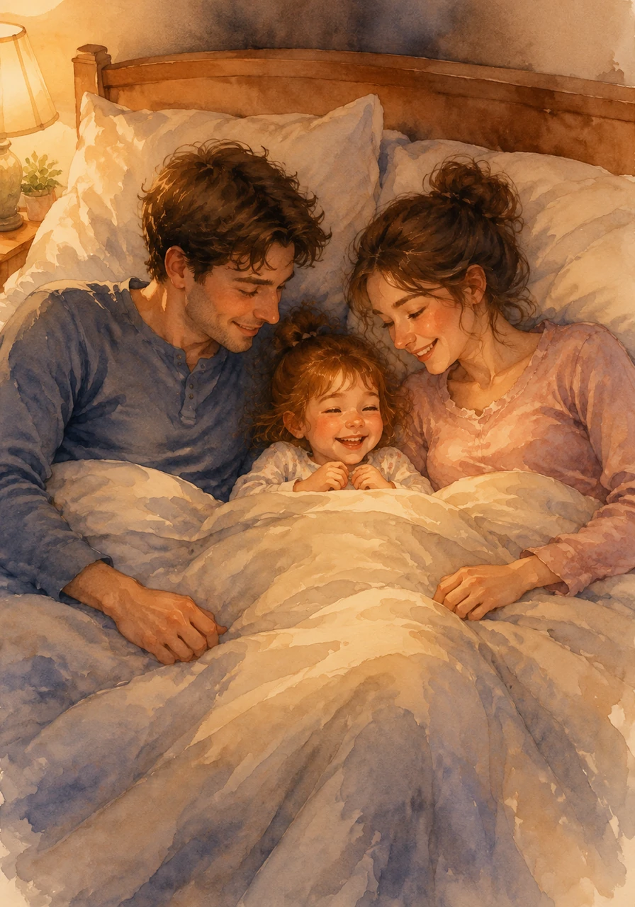 Three-year-old Charlotte loves everything about her mom and dad's room, especially the giant, fluffy pillows and the way she can snuggle right between them. Every evening, she giggles and wiggles her way under their big, warm blankets, feeling like the center of the world.