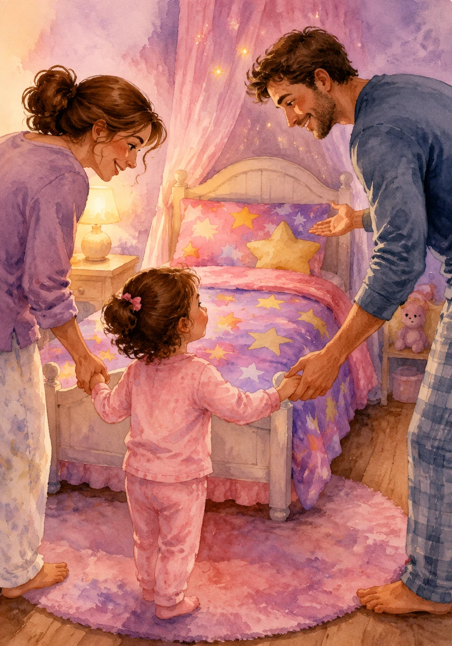 But tonight, Mom and Dad gently lead Charlotte by the hand into her own bedroom, where a beautiful little bed with bright, star-patterned sheets is waiting just for her. They explain that just like birds have nests and bears have dens, big girls have their very own special sleep spaces.