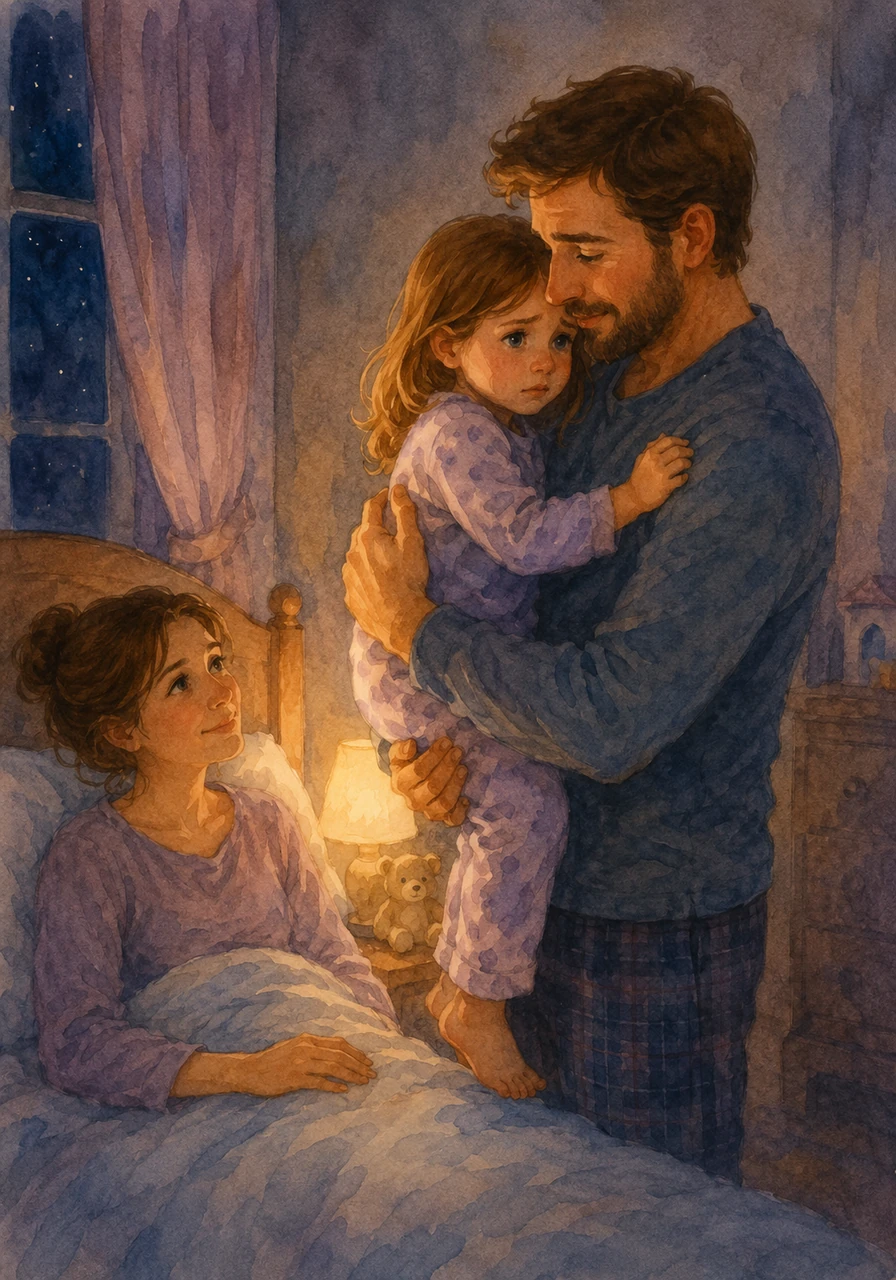 During the night, Charlotte wakes up to a strange shadow on the wall and feels a little bit scared. She runs into her parents' room, and Dad kindly lifts her up, reminding her that they are always there to protect her when she feels frightened.