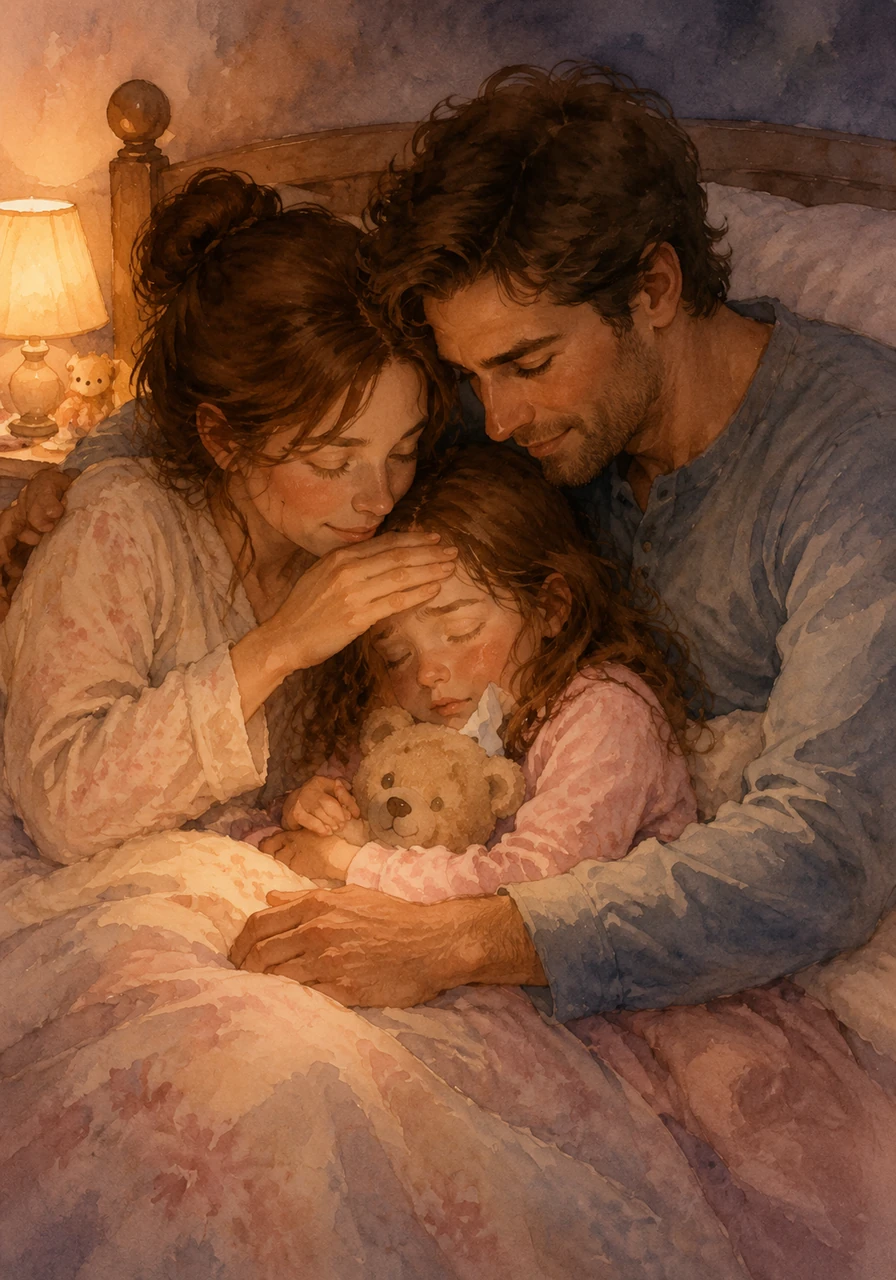 The next day, Charlotte plays too hard and catches a little cold, sniffling and sneezing as the sun goes down. Because she is sick, Mom and Dad scoop her up into the big bed, wrapping her in a warm hug and checking her forehead until she safely falls asleep.