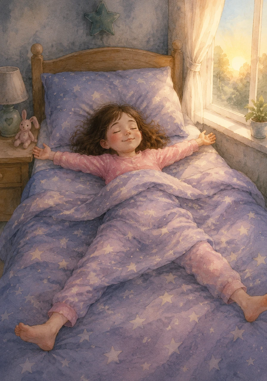 Charlotte settles into her star-patterned sheets and notices how nice it is to have all the space to stretch her arms and legs wide. Without anyone snoring or stealing the covers, she drifts off into a deep, peaceful sleep that lasts until the morning sun shines through the window.