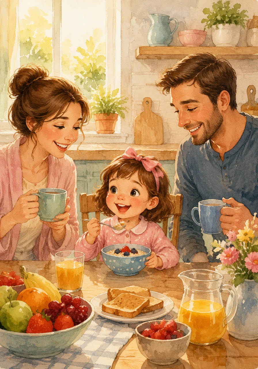 The next morning, the whole family gathers in the kitchen with bright eyes and big smiles, feeling refreshed and full of energy. Charlotte proudly eats her breakfast, knowing that she is a big girl who loves her own bed, where the sweetest dreams always come true.