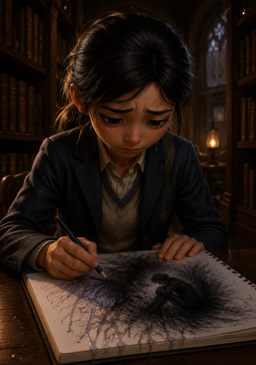 Refugiada na antiga biblioteca da escola, o único lugar onde encontra paz, Maya expressa suas angústias desenhando intensamente em seu caderno de esboços. Suas lágrimas caem sobre o papel, misturando-se ao grafite que ganha formas de sentimentos profundos e dolorosos.
