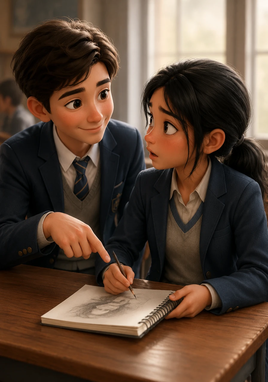 Leo senta-se na mesa com Maya e elogia sinceramente o talento de seus desenhos, quebrando o gelo e o isolamento que a cercava. Maya ergue os olhos, surpresa ao encontrar um olhar cheio de respeito e empatia, livre de qualquer julgamento social.