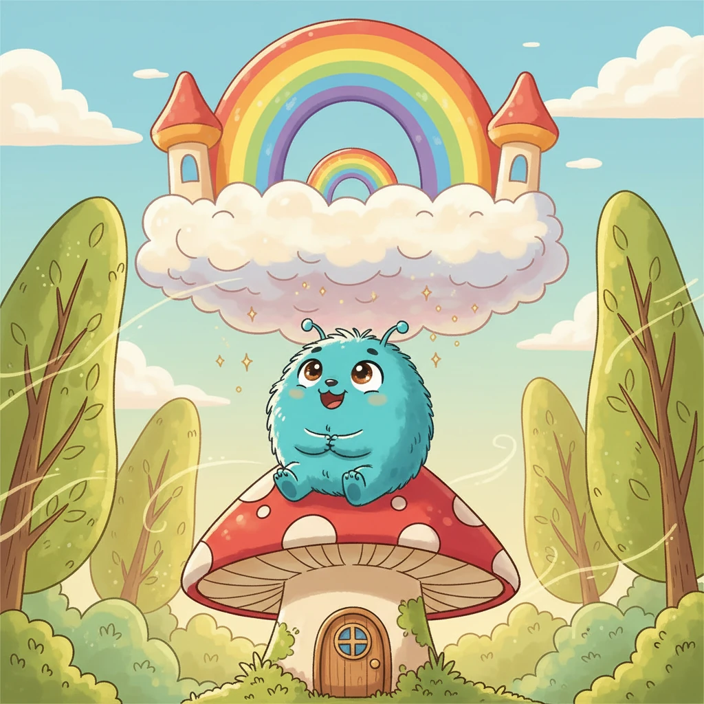 Pip, a round, fluffy creature with big, sparkling eyes, lived in a cozy, mushroom-shaped house at the edge of the Whispering Woods. He spent his days dreaming of grand adventures and magnificent toys, often gazing wistfully at the clouds. His greatest wish was for a giant, rainbow-colored bouncy castle.