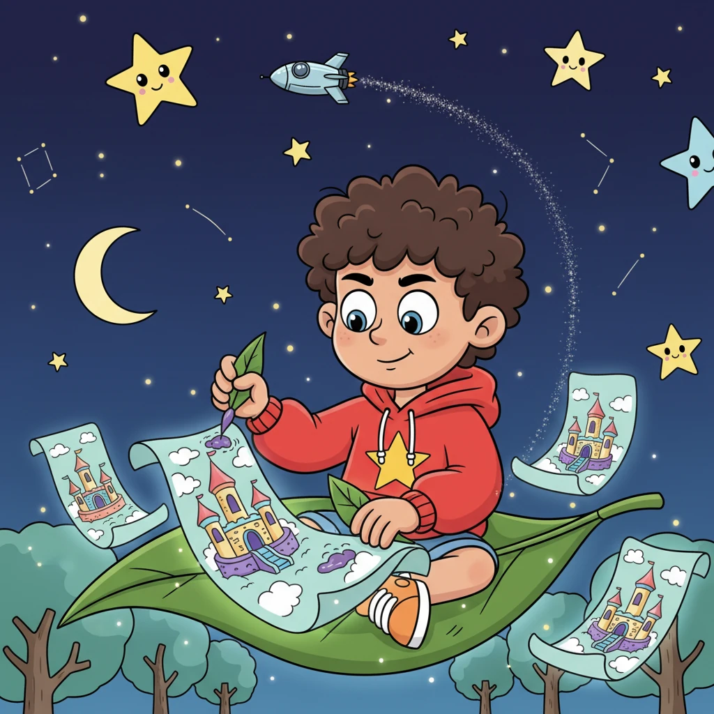 Every night, Pip would send his wishes soaring into the starry sky, drawing pictures of his dream bouncy castle on leaf-scrolls. He imagined himself leaping and laughing high above the trees. He truly believed if he wished hard enough, his wish would come true.