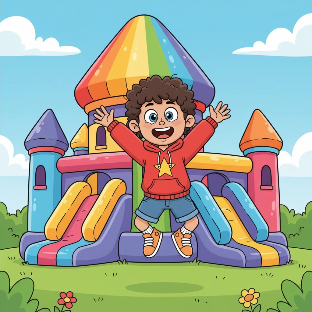 One sunny morning, Pip woke to a wondrous sight! Right in his backyard stood an enormous, shimmering bouncy castle, bursting with every color of the rainbow. It was even bigger and more magnificent than he had ever dreamed. Pip squealed with delight, his little heart pounding with joy.