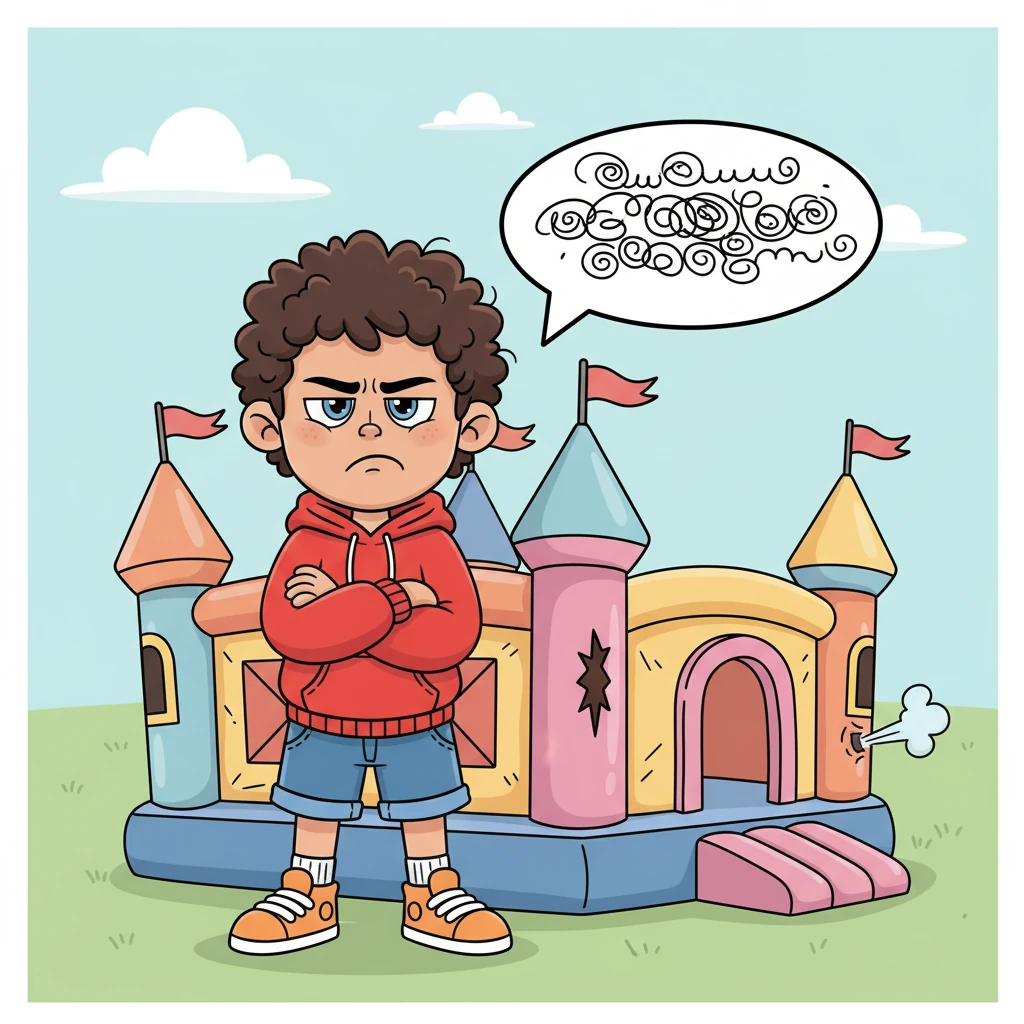 The once vibrant bouncy castle began to show signs of neglect. Its bright colors dulled slightly, and a small, unnoticed tear appeared near the entrance. Pip, too busy grumbling about imaginary inconveniences, didn't even notice the change.