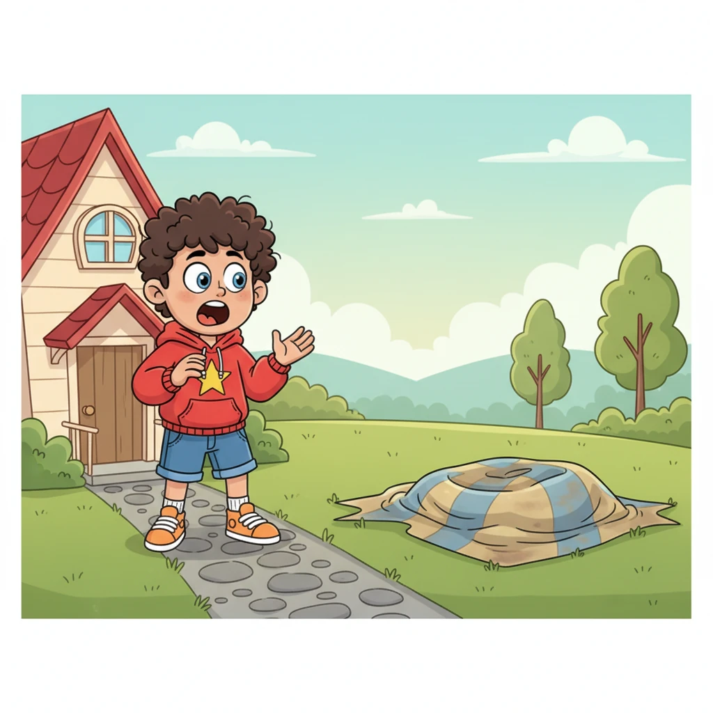 The very next morning, Pip stumbled out of his house, ready to complain about something new, but stopped short. The magnificent bouncy castle was gone! In its place was a flat, faded, ordinary patch of canvas, barely visible in the grass.
