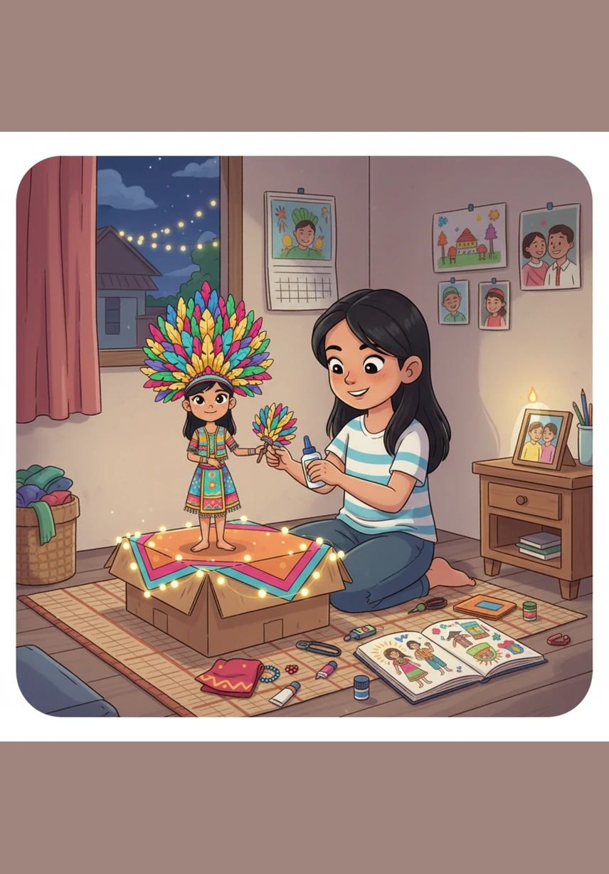 In a cozy bedroom in a small Philippine town, Ana carefully touches the vibrant feathers of her festival costume. Her heart beats with a mix of excitement and nerves as she prepares for her very first street dance, wondering if she can remember all the steps.
