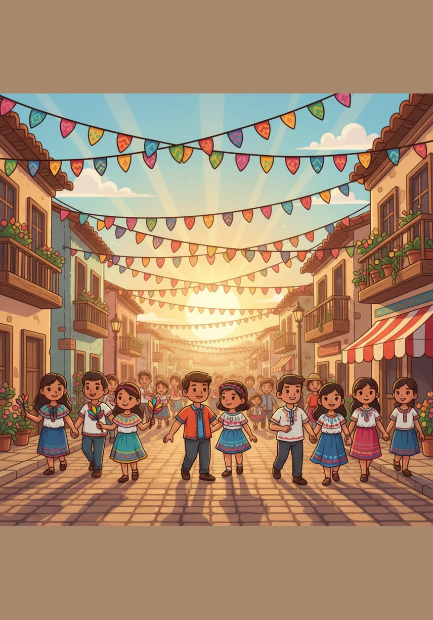 The morning sun rises over streets adorned with colorful banners and banderitas waving in the breeze. This celebration is a festival, which is a special time where a community gathers to celebrate their culture, history, or religious traditions with music and joy.