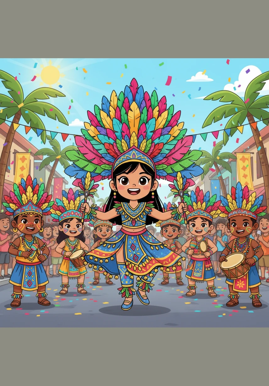 Ana stands with her dance troupe, feeling small amidst the towering headdresses and bright patterns. She clutches her props tightly, looking at the other performers who are inspired by the Ati-Atihan festival, a famous celebration from Kalibo, Aklan, known for its wild costumes and rhythmic beats.