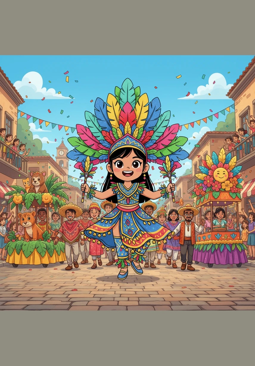 Suddenly, the thunderous boom of the drums echoes through the air, signaling the start of the parade. The group begins to move in a rhythmic wave, and Ana takes her first hesitant steps onto the pavement as the crowd begins to cheer.