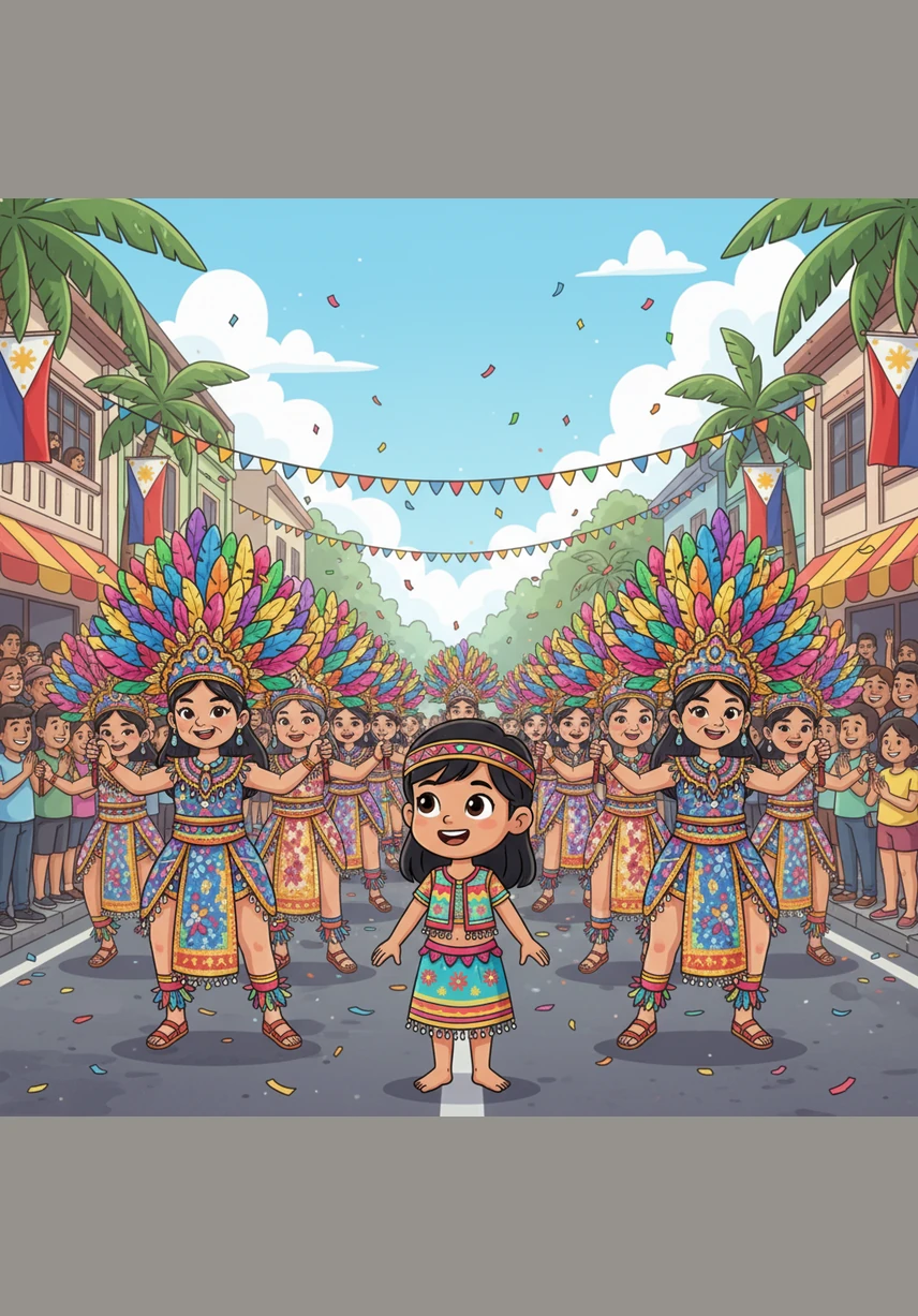 The streets are a sea of motion celebrating the Sinulog Festival, a grand dance ritual from Cebu City that honors the Sto. Niño through a unique forward-and-backward step. Ana watches the older dancers glide effortlessly, their costumes shimmering like jewels under the tropical sun.