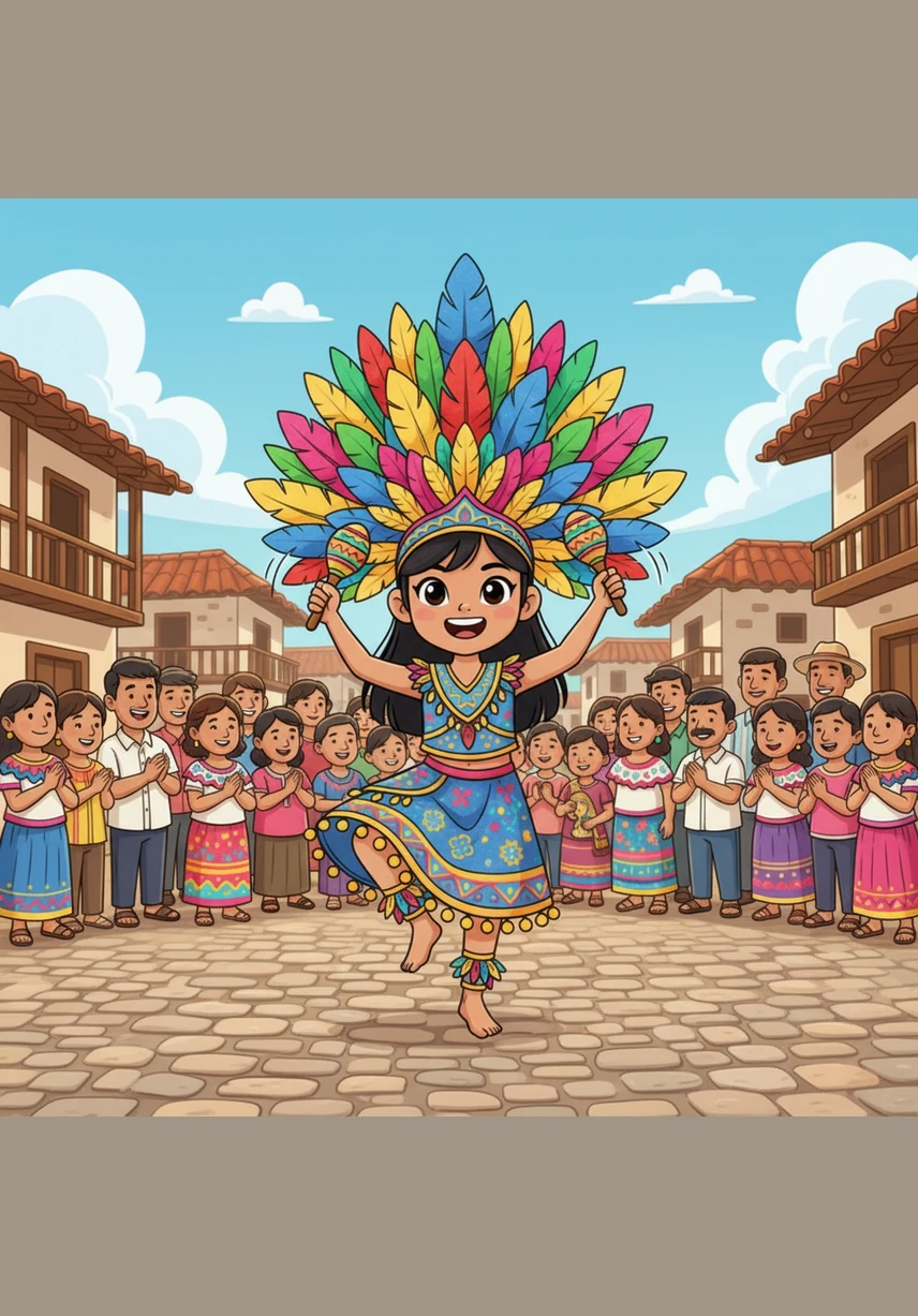 As the rhythm of the drums intensifies, Ana stops overthinking her feet and starts feeling the music in her soul. Her shy expression melts into a radiant beam as she leaps and turns, fully immersed in the unity of her community dancing as one.