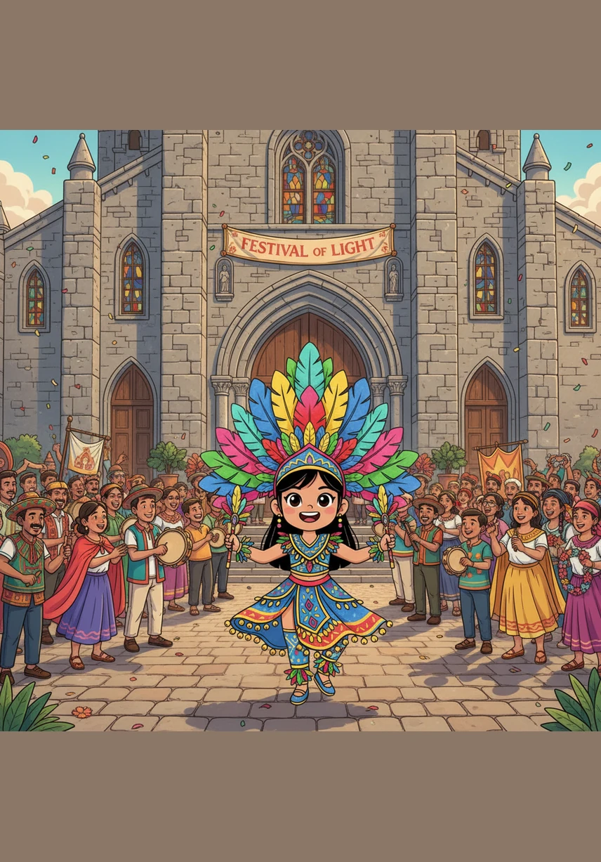 The parade eventually reaches the grand stone church, where the vibrant colors of the costumes contrast beautifully against the ancient gray walls. The music softens into a respectful hum as the thousands of dancers and spectators gather together in the courtyard.