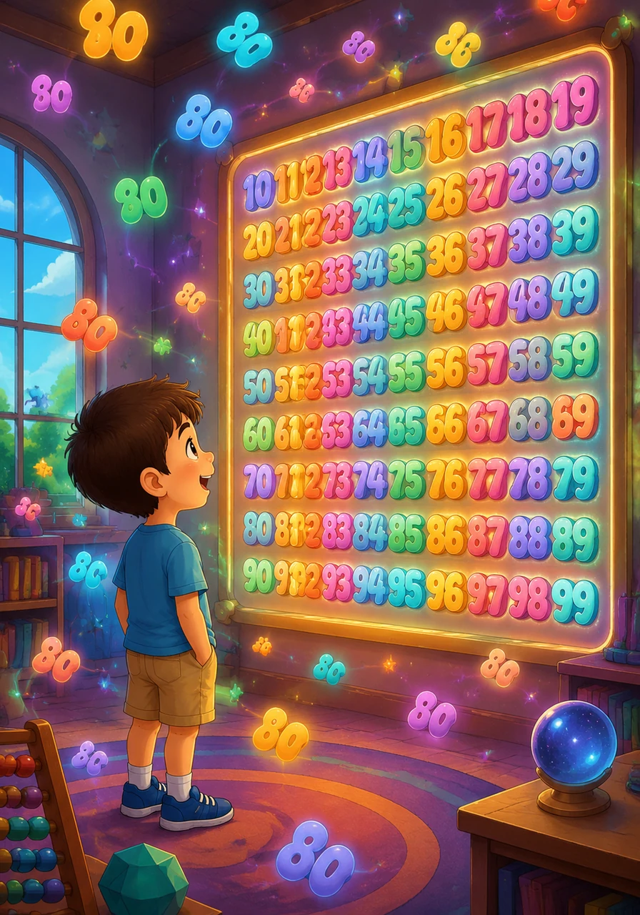 Alibi steps into a vibrant, magical math classroom where colorful numbers float gently in the air. He discovers a large, glowing chart displaying two-digit numbers from 10 to 99, marking the start of his grand counting journey.