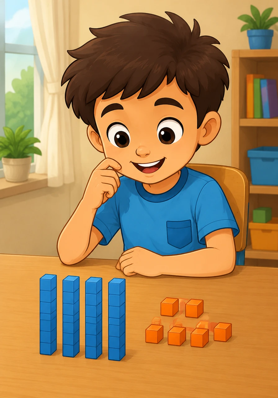 Alibi learns how two-digit numbers are built using special, brightly colored tools. He examines the number forty-seven, seeing how it perfectly splits into four tall blue rods representing tens and seven small orange cubes representing ones.