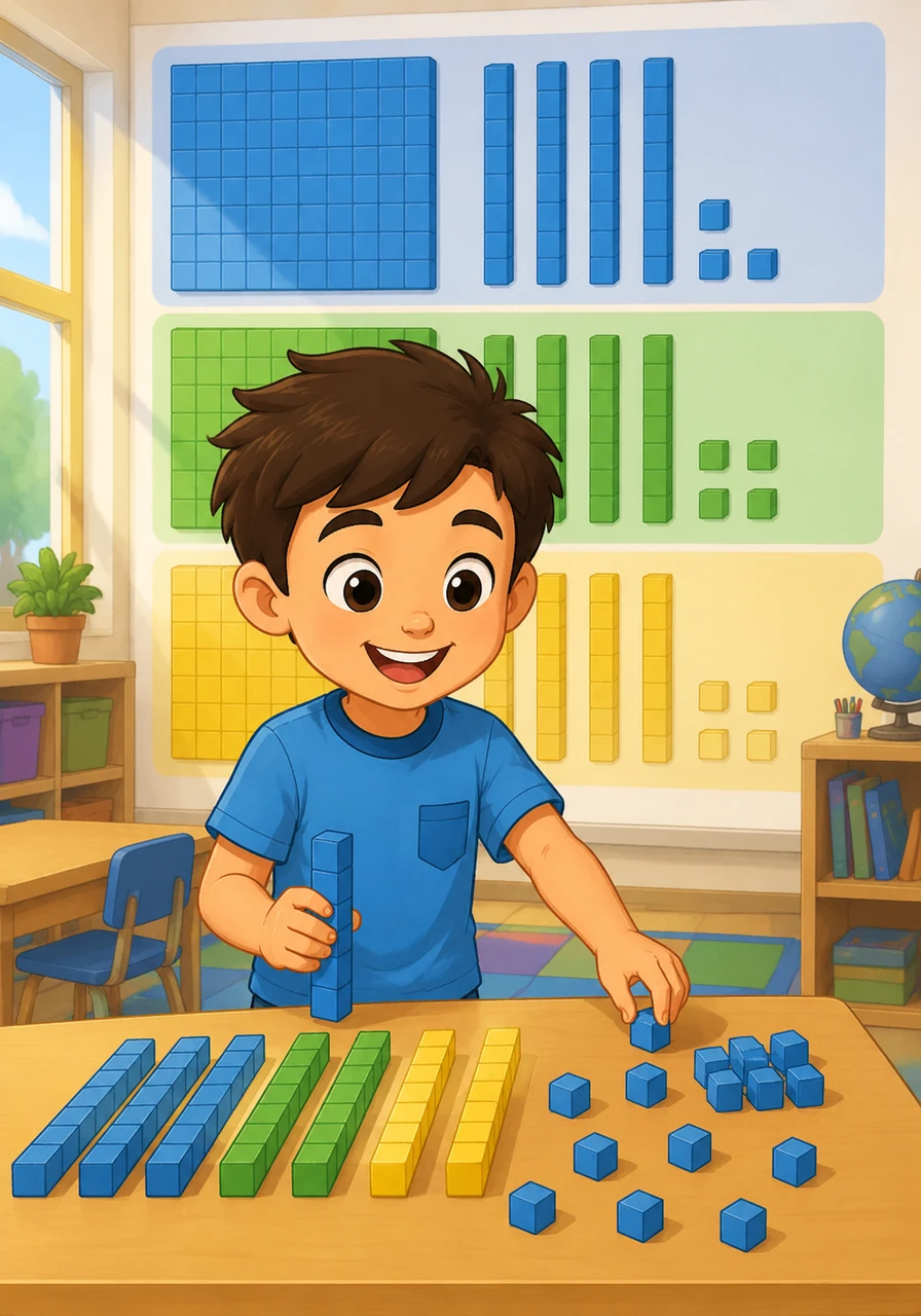 The classroom wall transforms into a giant, clean educational infographic where tens and ones are highlighted in contrasting colors. Alibi arranges the rods and cubes joyfully, realizing how simple it is to visualize any number.