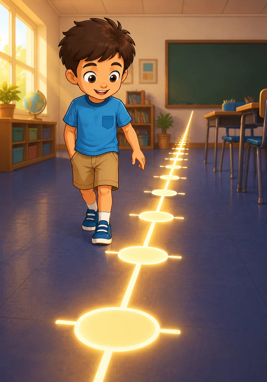 A long, luminous number line stretches across the entire classroom, neatly tracking every value from 10 all the way to 99. Alibi walks alongside it, watching the numbers grow larger and clearer with every single step he takes.