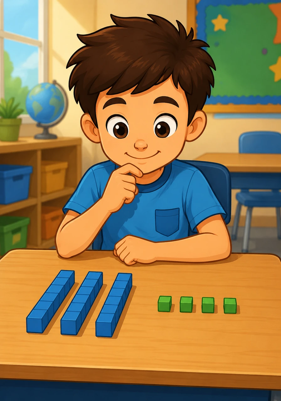 Alibi encounters his next exciting challenge as he prepares to add two-digit numbers together for the first time. He carefully places three tens and four ones on his desk, getting ready to combine them with another set of numbers.