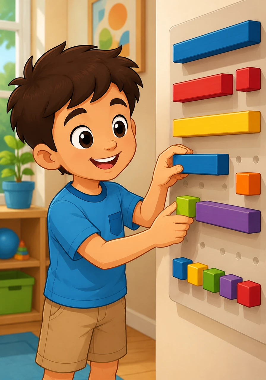 With a bright smile, Alibi adds twenty-five to his thirty-four, stacking the colorful rods and cubes together. The pieces align perfectly on the wall board, revealing the final sum of fifty-nine in large, clear figures.