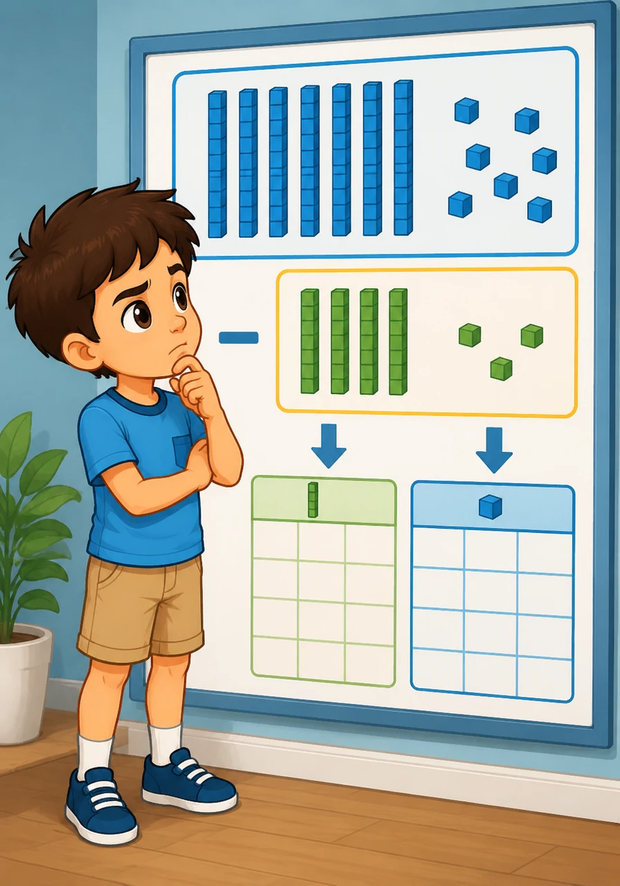 Next, Alibi takes on a subtraction puzzle displayed on a giant, high-resolution teaching poster. He starts with seventy-eight, focusing intensely on how to separate the tens and ones to solve the problem.