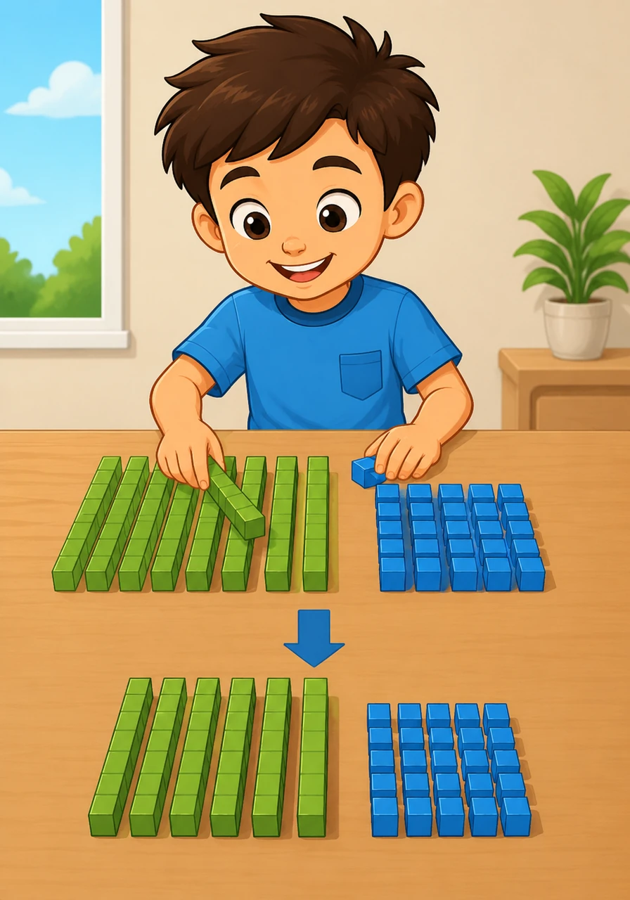 Alibi carefully takes away thirty-six from his total by removing three rods and six cubes from the display. The remaining pieces shift into place, elegantly showing forty-two as the correct answer to his subtraction challenge.