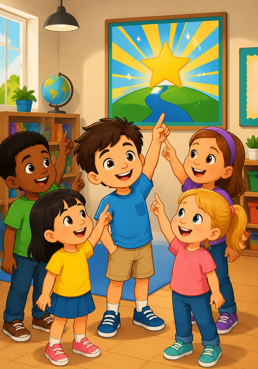 A group of cheerful elementary school students joins Alibi, celebrating their shared success in mastering mathematics. They look up at the bright classroom poster, laughing and pointing at how easy addition and subtraction can be.