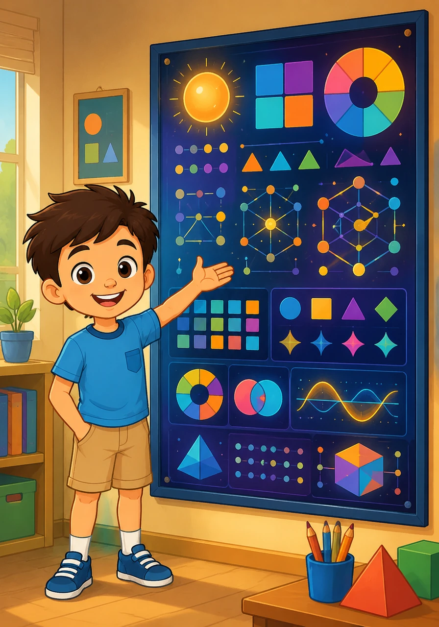 Alibi stands proudly next to a beautifully designed, high-quality educational poster that summarizes everything he learned about numbers. The large mathematical symbols and clear layouts shine brightly, turning the classroom wall into an inspiring space for everyone.