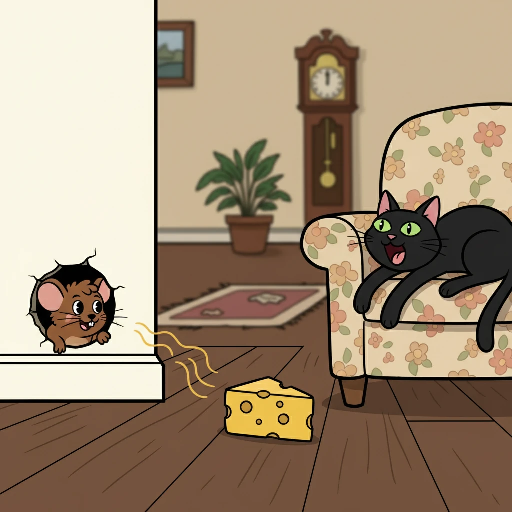 Pip, the mischievous mouse, peeked out from his cozy hole in the wall. The aroma of cheddar cheese wafted through the air, tantalizing his tiny whiskers. Across the room, Squeak, the sleek and ever-hungry cat, stretched lazily, unaware of Pip's cheesy ambitions.
