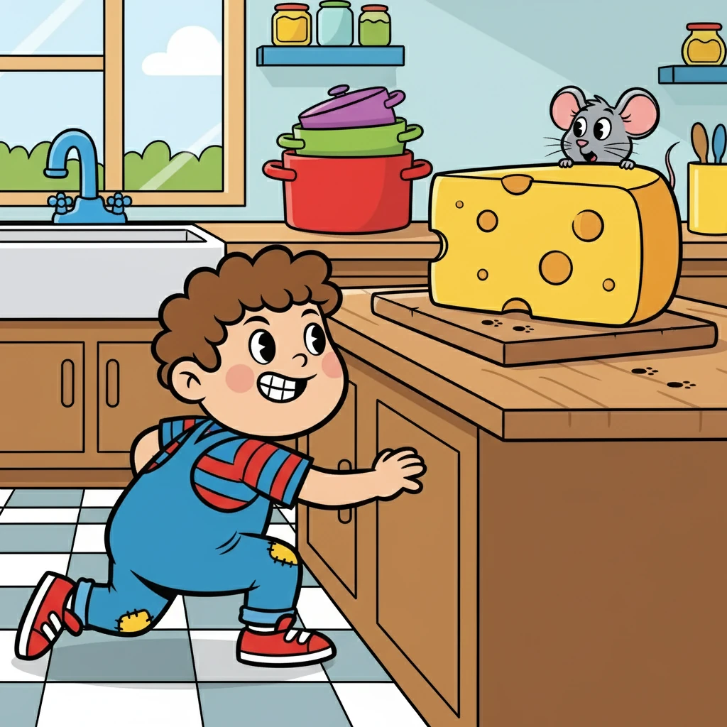 Pip, with a twinkle in his eye, scurried across the floor towards the kitchen counter, where a giant wheel of cheese sat proudly. He knew he had to be quick and clever to avoid Squeak's watchful gaze. He imagined the delicious feast that awaited him.