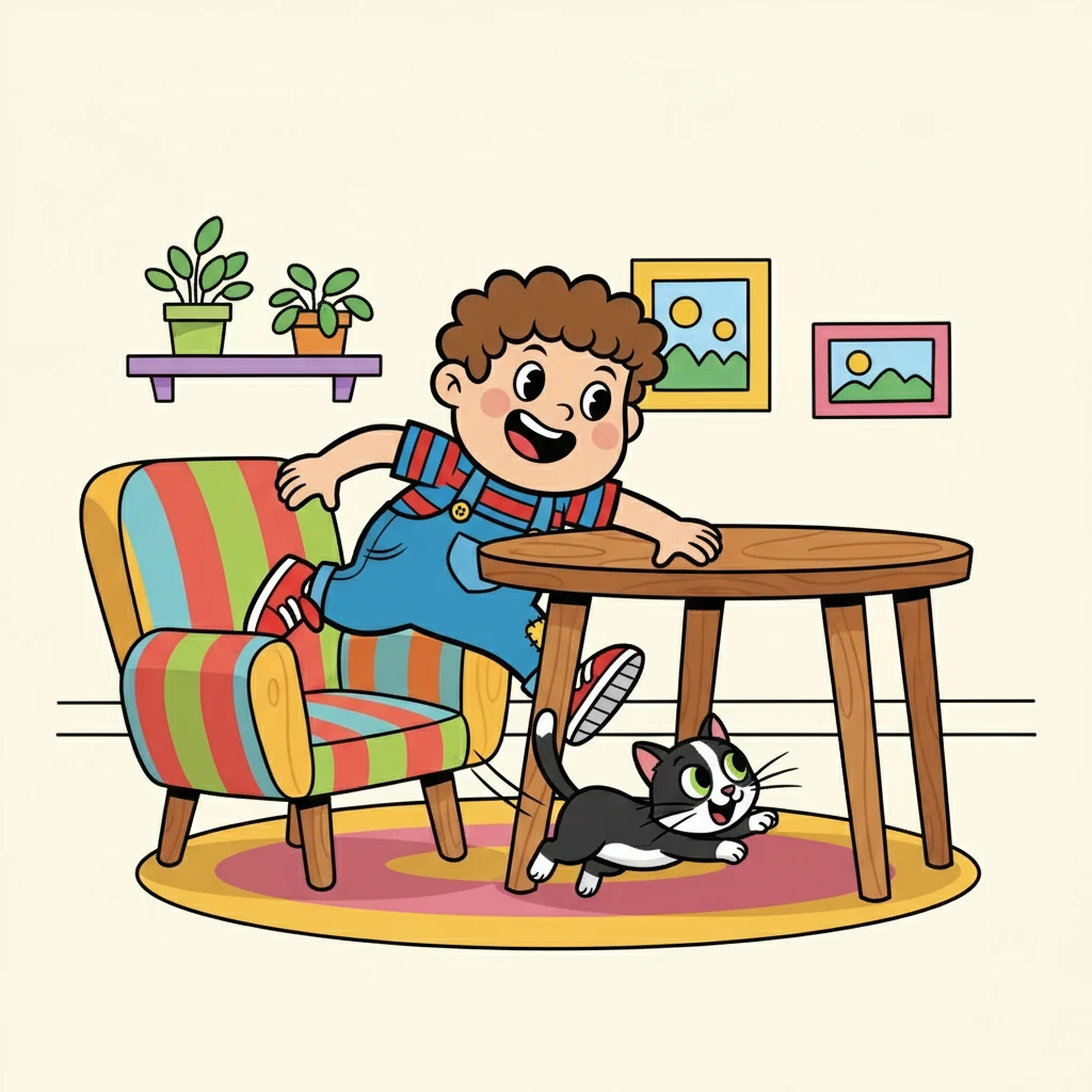 Pip, using his agility, weaved through the furniture, narrowly escaping Squeak's clutches. He led the cat on a merry chase around the table legs and under the chairs, the sound of their playful pursuit echoing through the room.