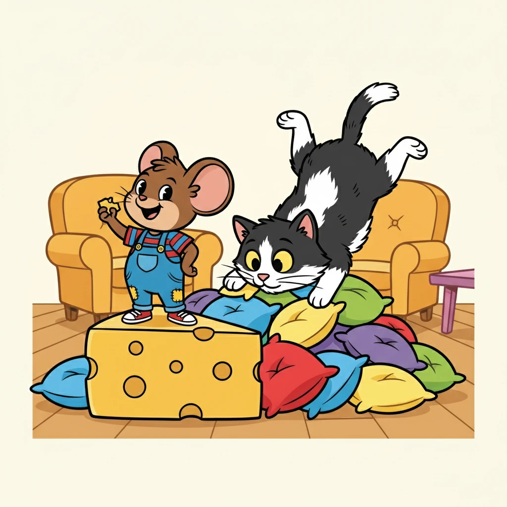 After a series of near misses and clever tricks, Pip finally reached the cheese. Just as he was about to take a bite, Squeak pounced! But instead of catching Pip, the cat ended up tumbling into a pile of fluffy pillows, looking surprised.