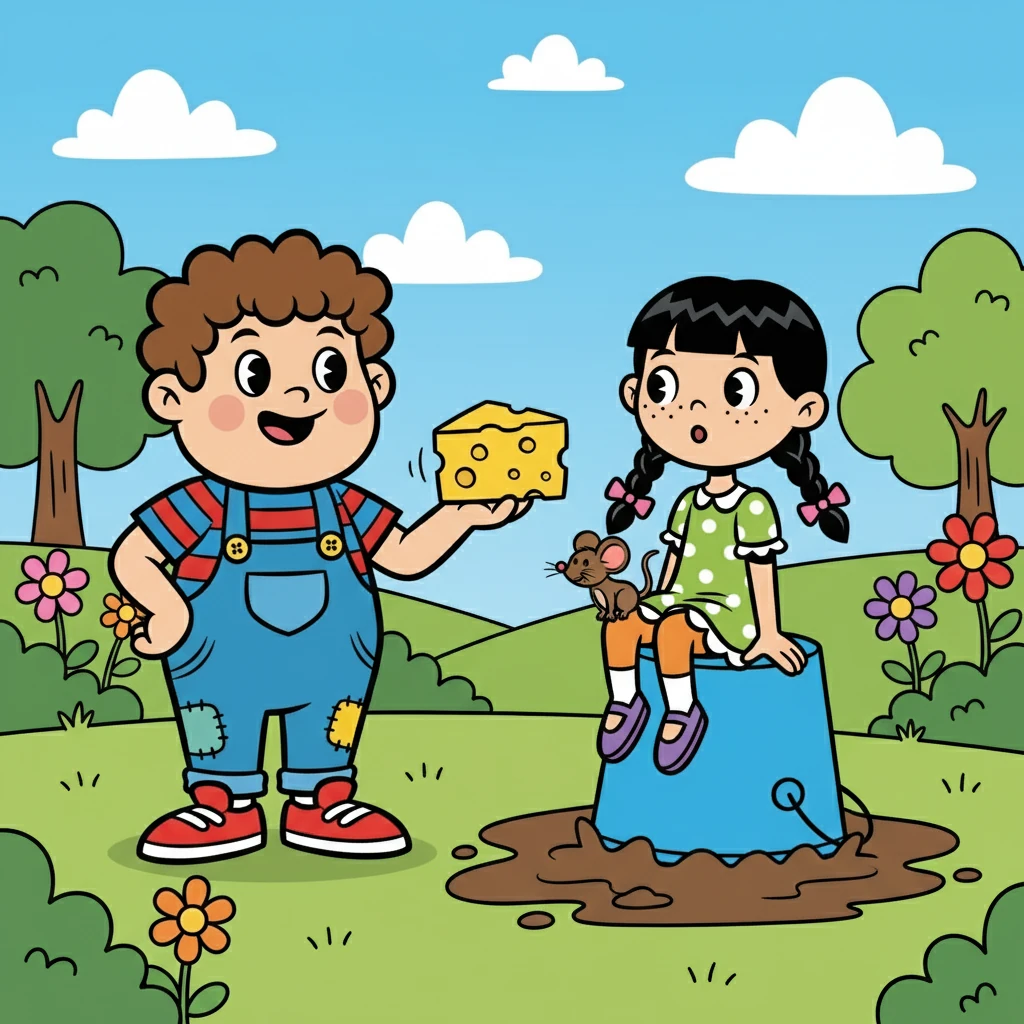 Pip, seeing Squeak's predicament, couldn't help but giggle. He offered a piece of cheese to Squeak, and the two, forgetting their rivalry for a moment, shared a cheesy treat, proving that sometimes, even the best of enemies can find common ground.