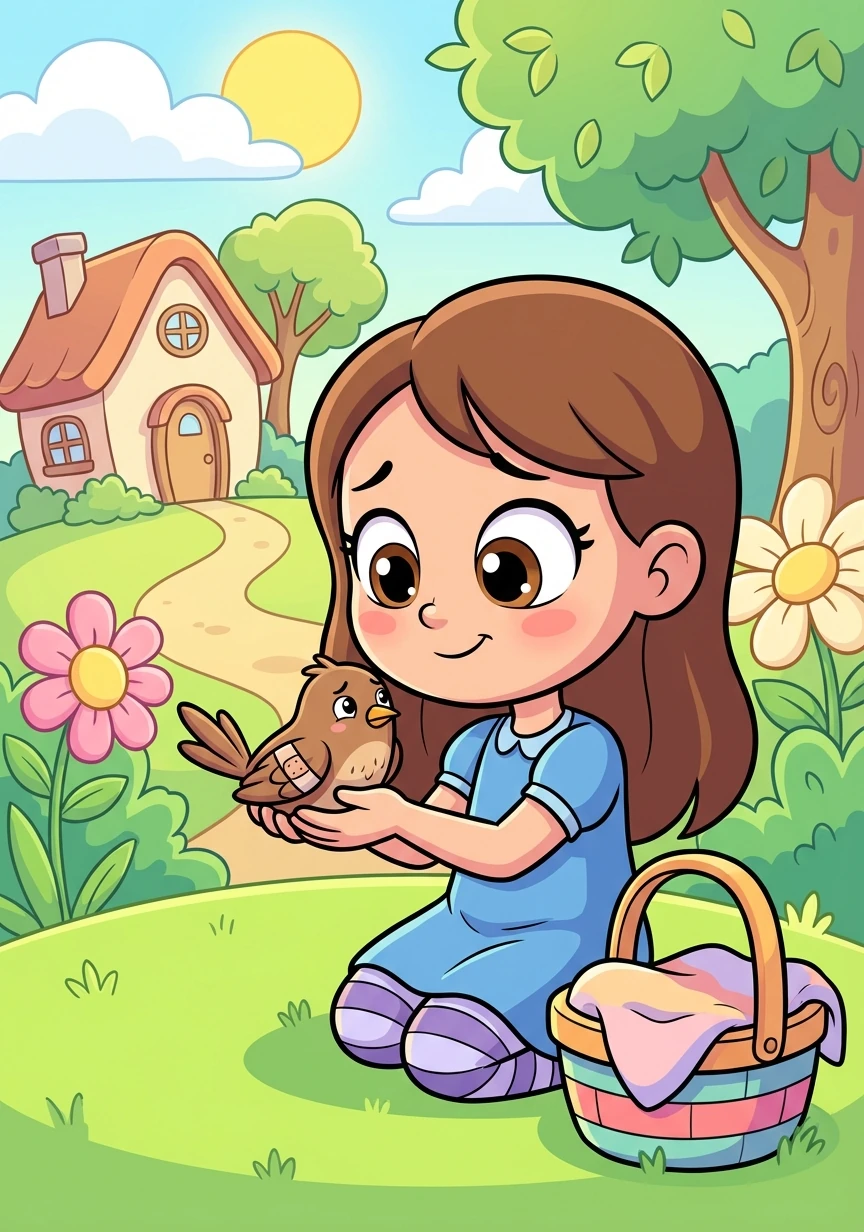 One sunny morning, Lily found a tiny, injured bird. Carefully, she brought it home and nursed it back to health with gentle care.