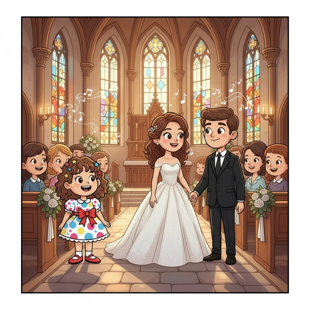 Mommy, with her beautiful smile, walked down the aisle, her dress shimmering like a cloud. Daddy waited at the altar, his eyes sparkling with love and excitement. The air was filled with happy music.