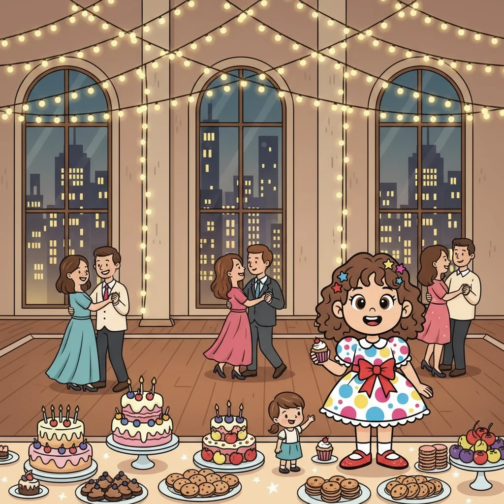 After the ceremony, everyone celebrated at a grand reception downtown. There were twinkling lights, delicious food, and lots of laughter. Stella's future parents danced the night away.