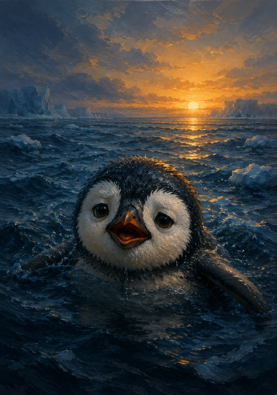 As the sun began to dip below the icy horizon, casting long shadows across the water, Pippin struggled to lift his head. The vast ocean around him felt impossibly large, and his breathing grew shallow under the biting polar wind.