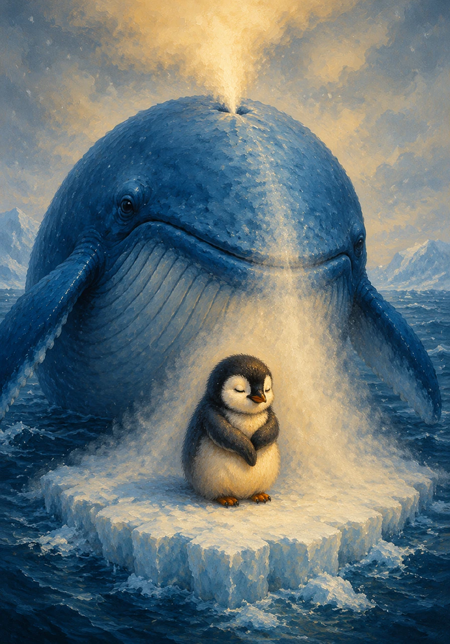 Suddenly, a gentle shadow loomed over the fading penguin as Barnaby, a giant and wise blue whale, surfaced slowly beside the melting ice floe. Barnaby blew a warm mist from his blowhole, shielding the shivering little penguin from the harshest gusts of wind.