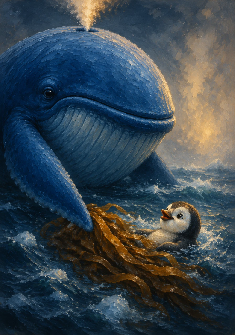 With great care, Barnaby nudged a drifting patch of thick, dry kelp toward Pippin, offering him a temporary shield against the freezing waves. Pippin felt a spark of hope ignite inside his chest as the giant whale hummed a low, comforting melody that vibrated through the water.