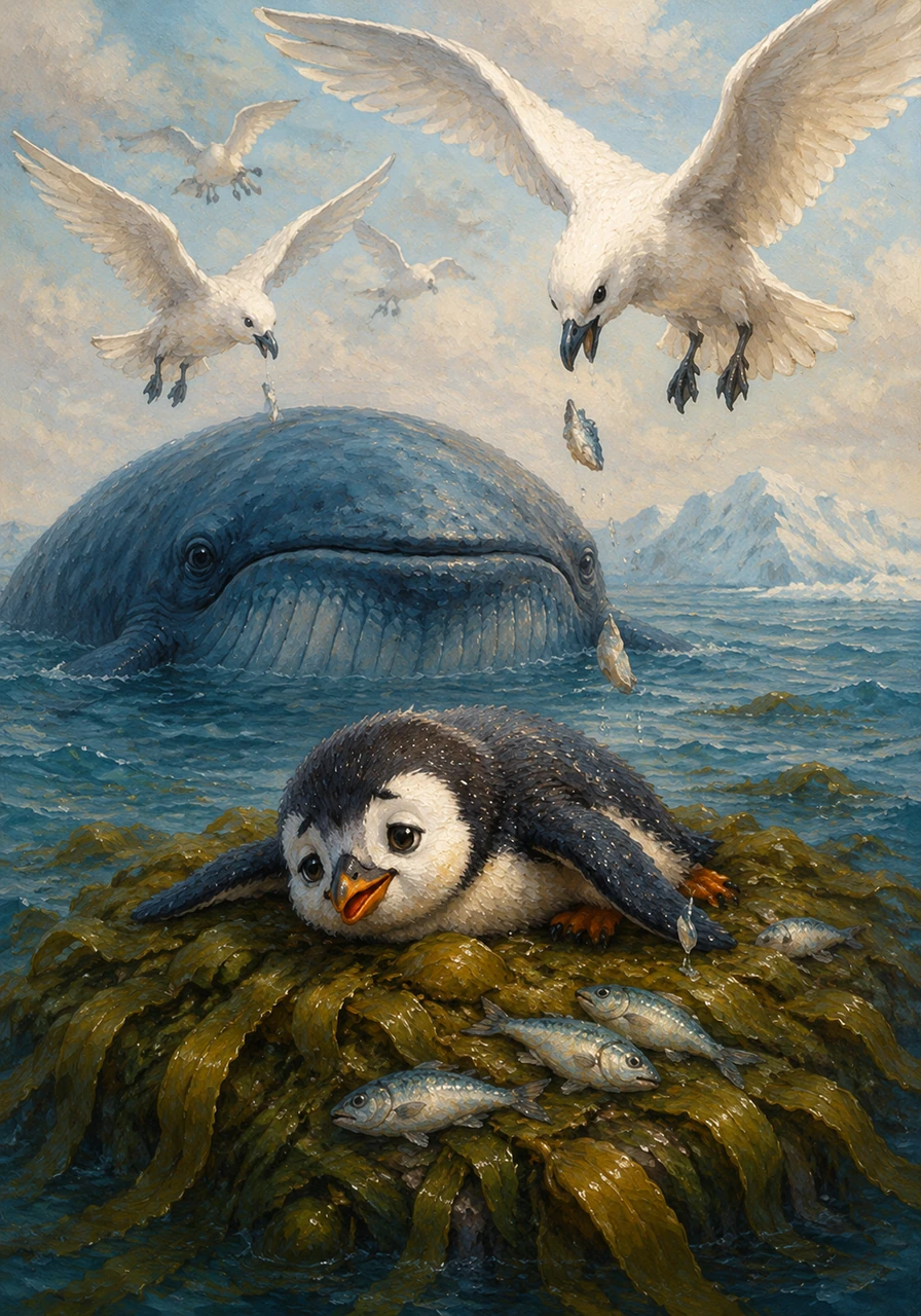 Encouraged by the whale's presence, Pippin managed to crawl onto the thick kelp bed, finding safety from the numbing water. A passing flock of snowy petrels noticed the commotion and swooped down, dropping small bits of nourishing fish right beside the exhausted penguin.