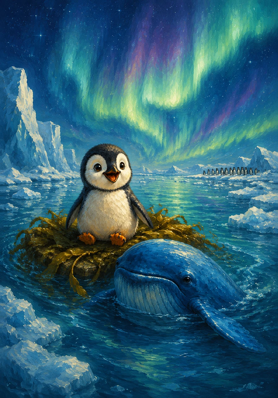 Barnaby swam slowly alongside the kelp raft, guiding Pippin through the maze of drifting icebergs toward the distant calling sounds of a penguin colony. Pippin found his strength returning with every passing hour, his coat drying out under the magical glow of the southern lights.