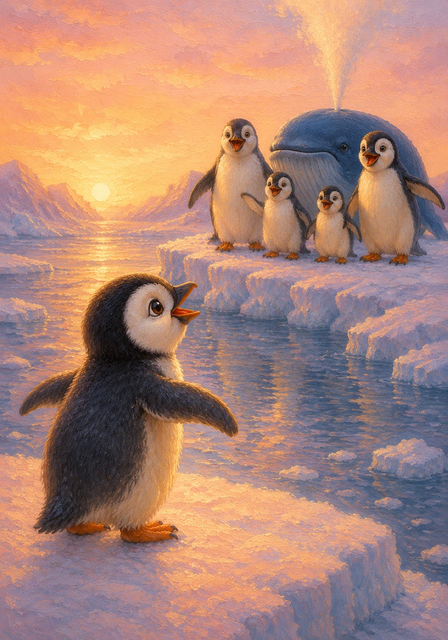 As dawn broke across the icy landscape, painting the snow in shades of soft pink and gold, Pippin spotted the familiar outlines of his family waiting on the sturdy mainland ice. He let out a joyful, loud chirp that echoed across the quiet bay, answered instantly by a chorus of welcoming cries.
