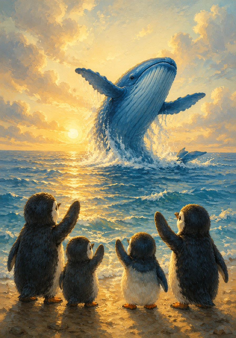 Turning back toward the open sea, Pippin and his family waved their flippers at Barnaby, who breached majestically in the distance as a final farewell. Pippin was home at last, alive and strong, forever grateful for the kindness of the giants who saved him.