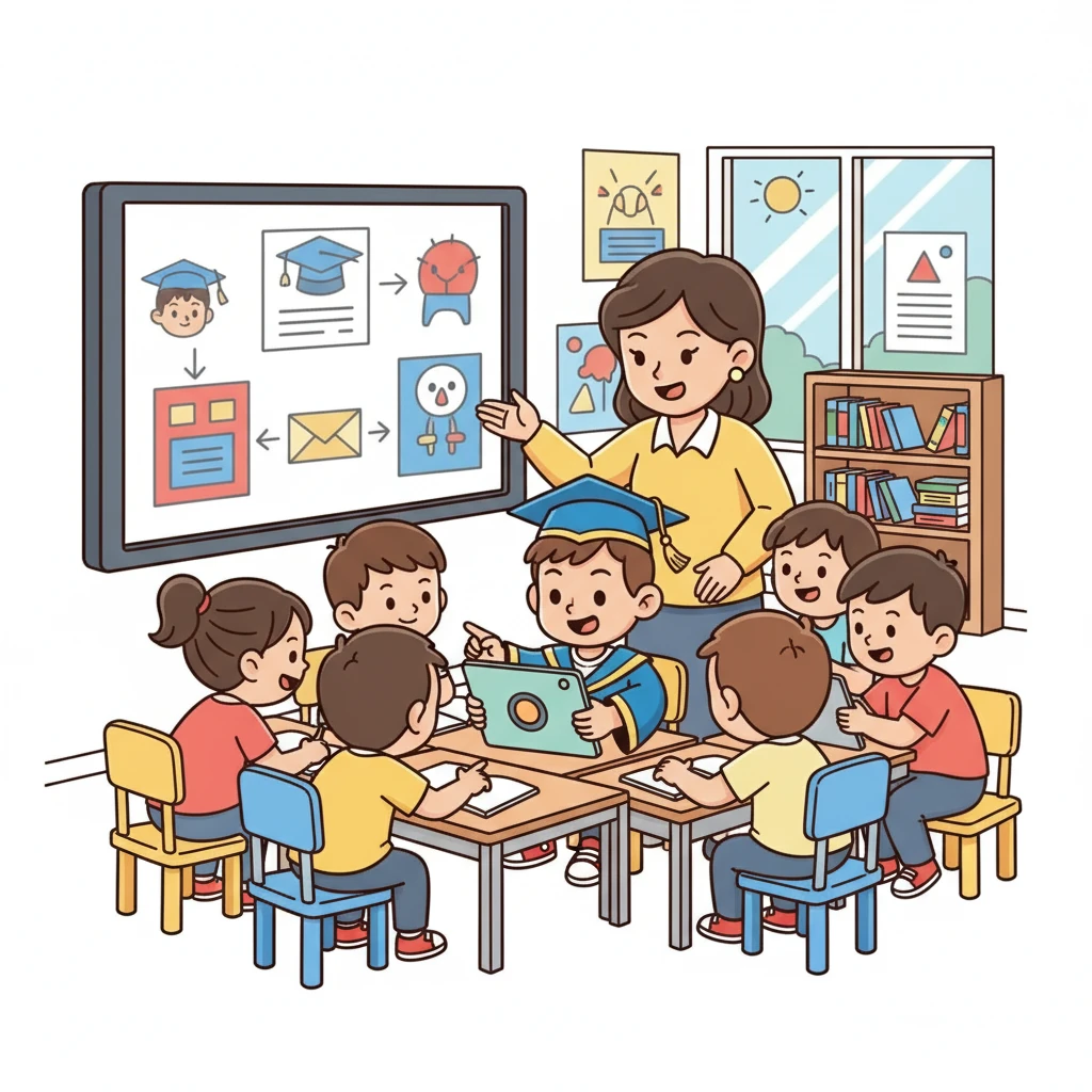 曹文悅專注地聆聽著老師的講解，她正努力學習如何運用平板電腦進行互動教學。同學們圍繞在她的身邊，一起探索著新的教學方法。教室裡充滿了求知的氛圍。