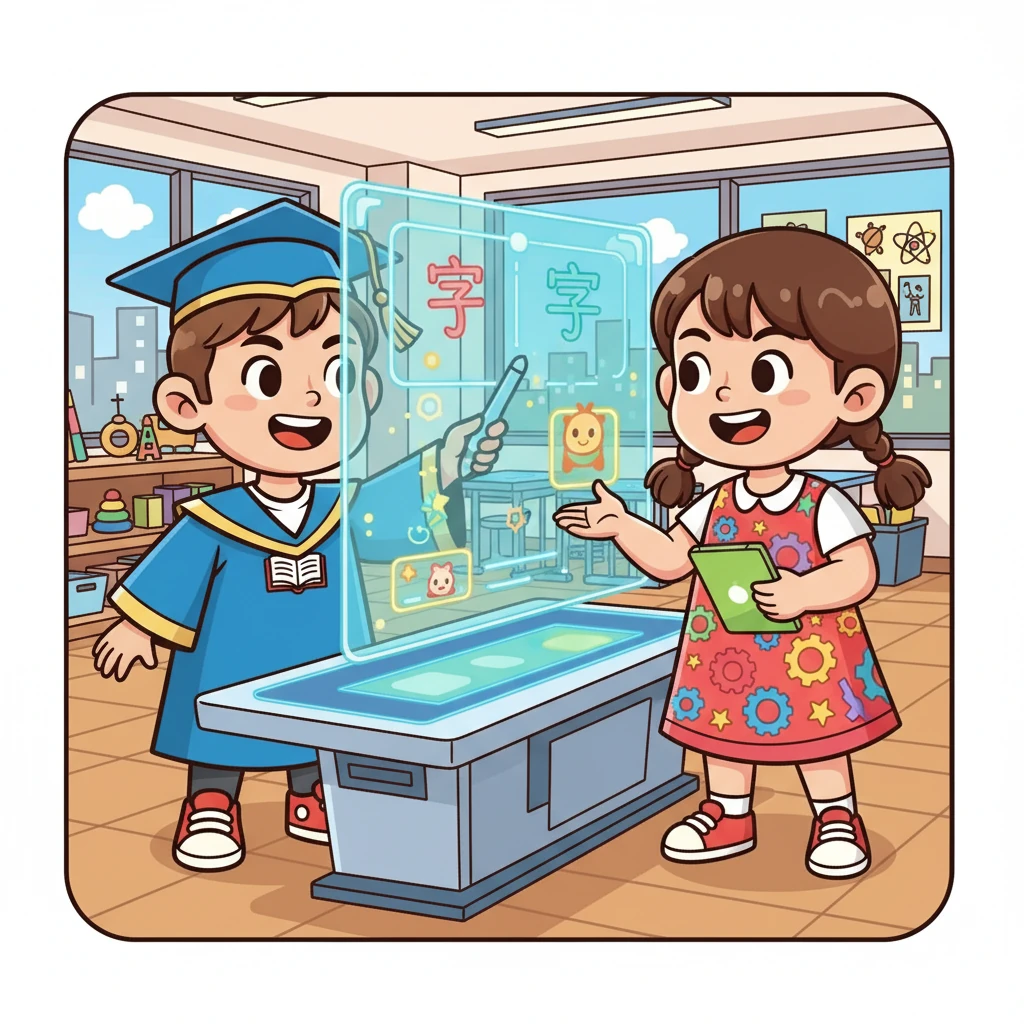 盧淑慧和徐堅正在合作，他們一起研究如何利用AR技術創建有趣的中文學習遊戲。他們互相討論，互相幫助，共同克服遇到的困難。他們的笑容充滿了自信。