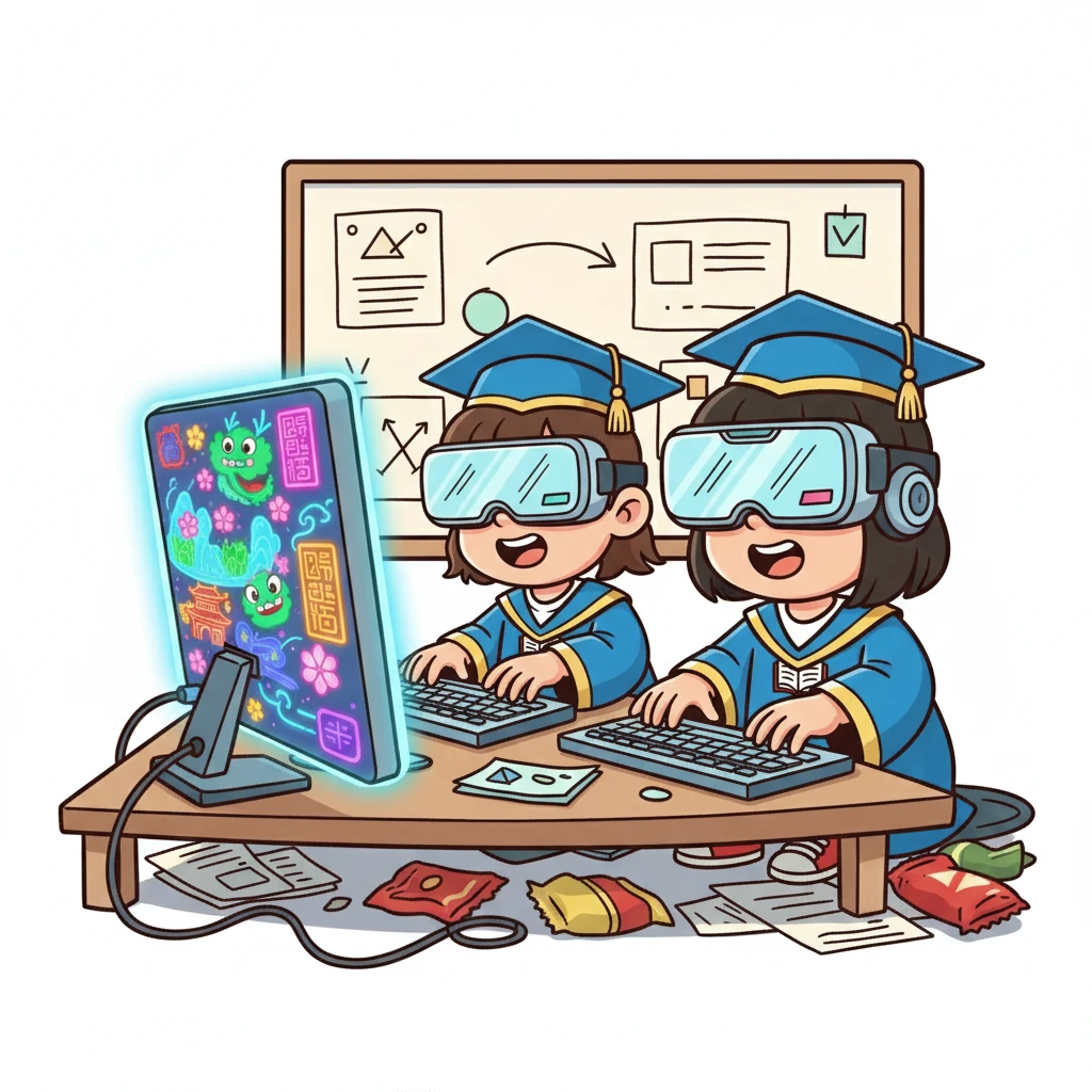 鄭曉璇和張凱琳正忙著設計一個利用VR技術的沉浸式閱讀體驗。他們在電腦前敲打著鍵盤，希望能讓學生們身臨其境地感受古詩詞的魅力。他們的團隊合作精神令人感動。