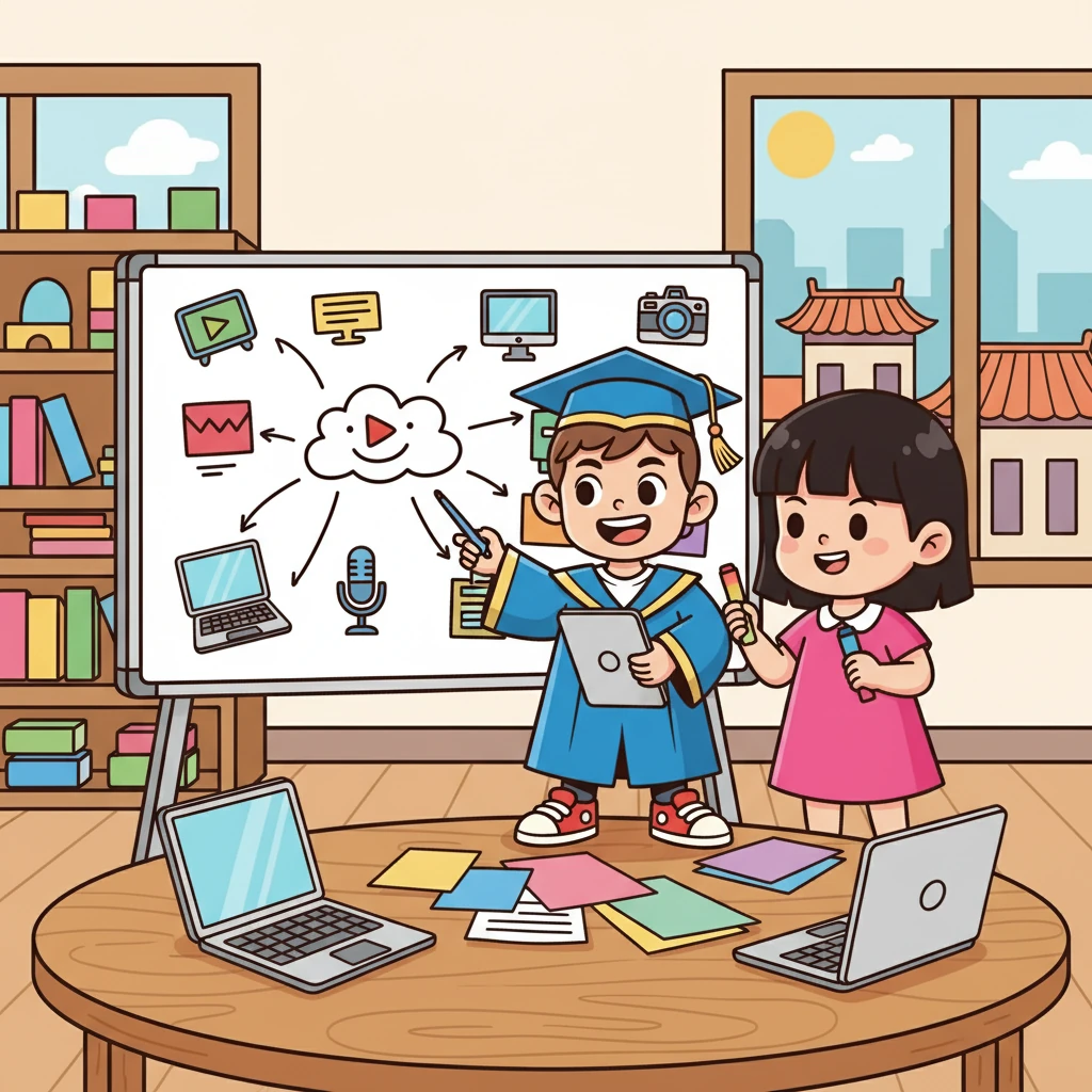 黃鳳琳和柴飛亮正在討論如何利用新媒體平台分享教學資源，他們希望讓更多的人受益。他們在白板上寫寫畫畫，構思著各種方案。他們的創意令人驚嘆。